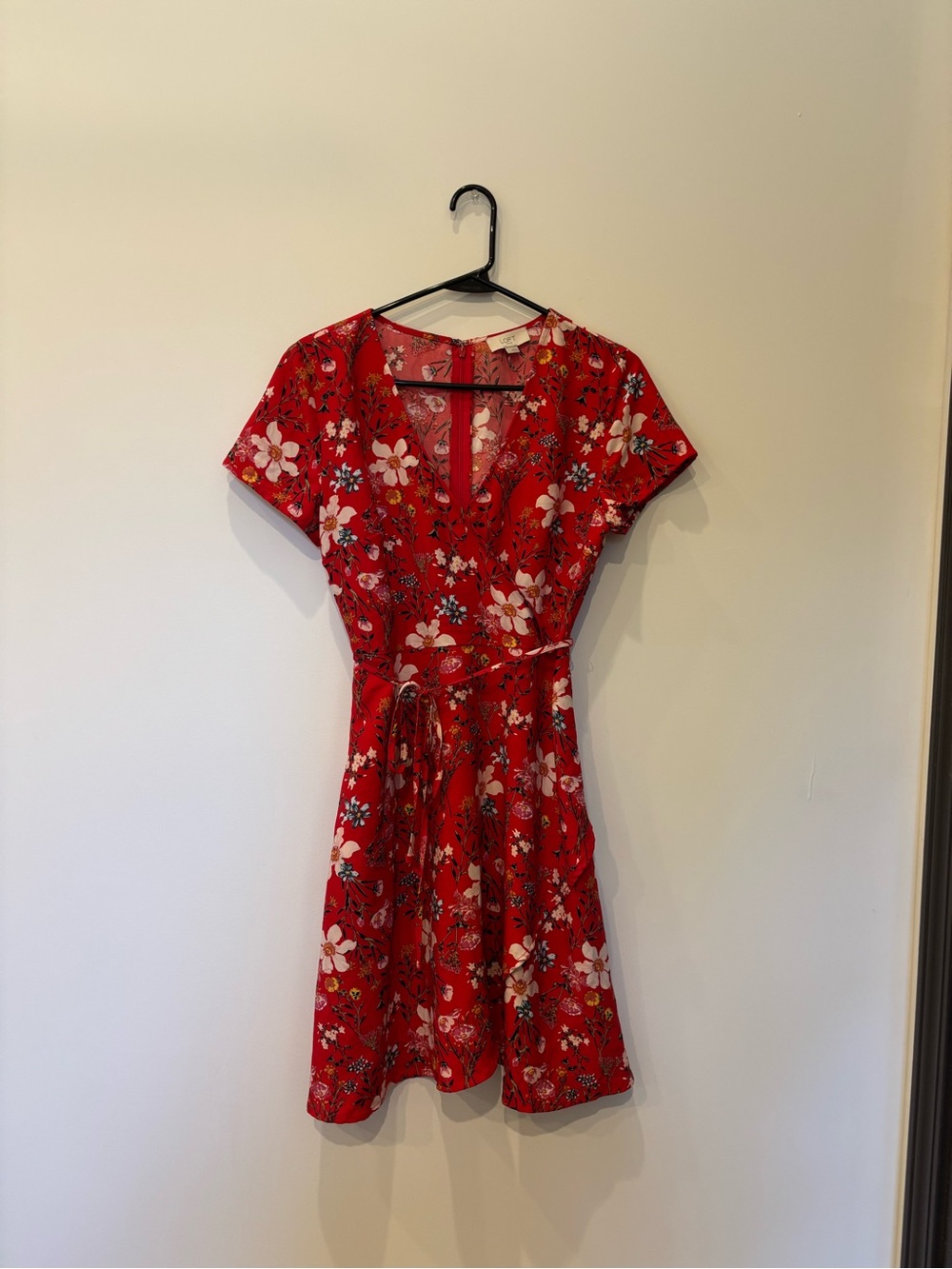 LOFT Red Floral Wrap Dress with Short Sleeves